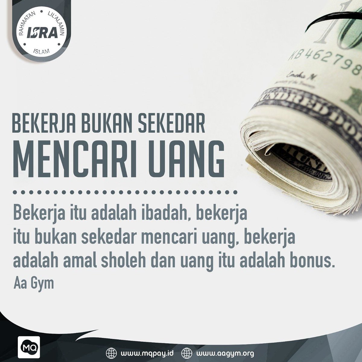 Bekerja adalah ibadah dan kita harus tahu, lancarnya kerja itu kalau dilancarkan oleh Alloh Subhanahu Wa Ta'ala. Bekerja itu bukan mencari uang, bekerja adalah amal shaleh dan uang itu adalah bonus. Kalau kita ingin pekerjaan kita dibaguskan Alloh, baguskan shalatnya.