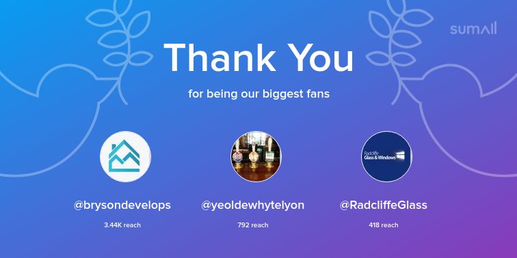 Our biggest fans this week: <a href="/brysondevelops/">Bryson Developments</a>, <a href="/yeoldewhytelyon/">Ye Olde Whyte Lyon</a>, <a href="/RadcliffeGlass/">Radcliffe Glass</a>. Thank you! via sumall.com/thankyou?utm_s…