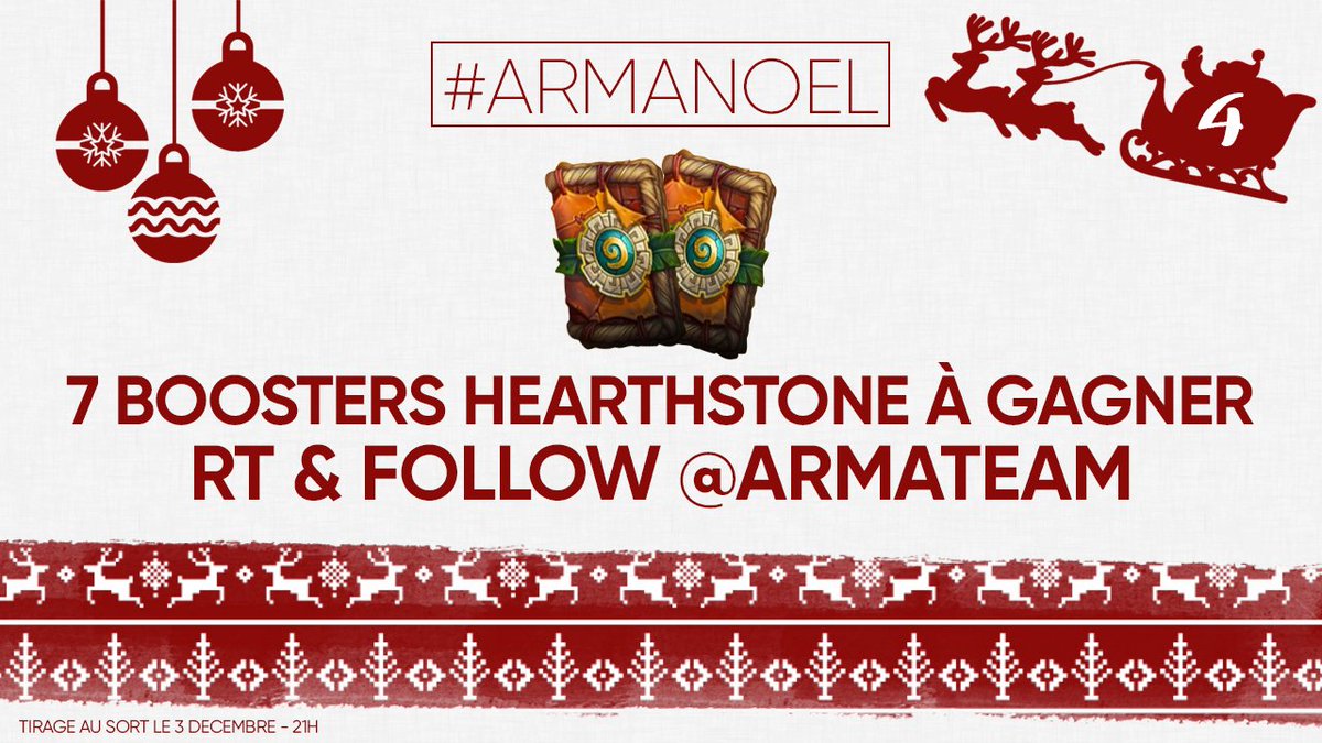 armateam's tweet image. #ArmaNoel ⛄💫

🗓 Jour 4 du #calendrierdelavent 

🎁 7 Boosters Hearthstone à gagner ! 🍥

➡ RT &amp;amp; follow @armateam

Tirage au sort ce soir à 21h, bonne chance à tous ! 🍀
