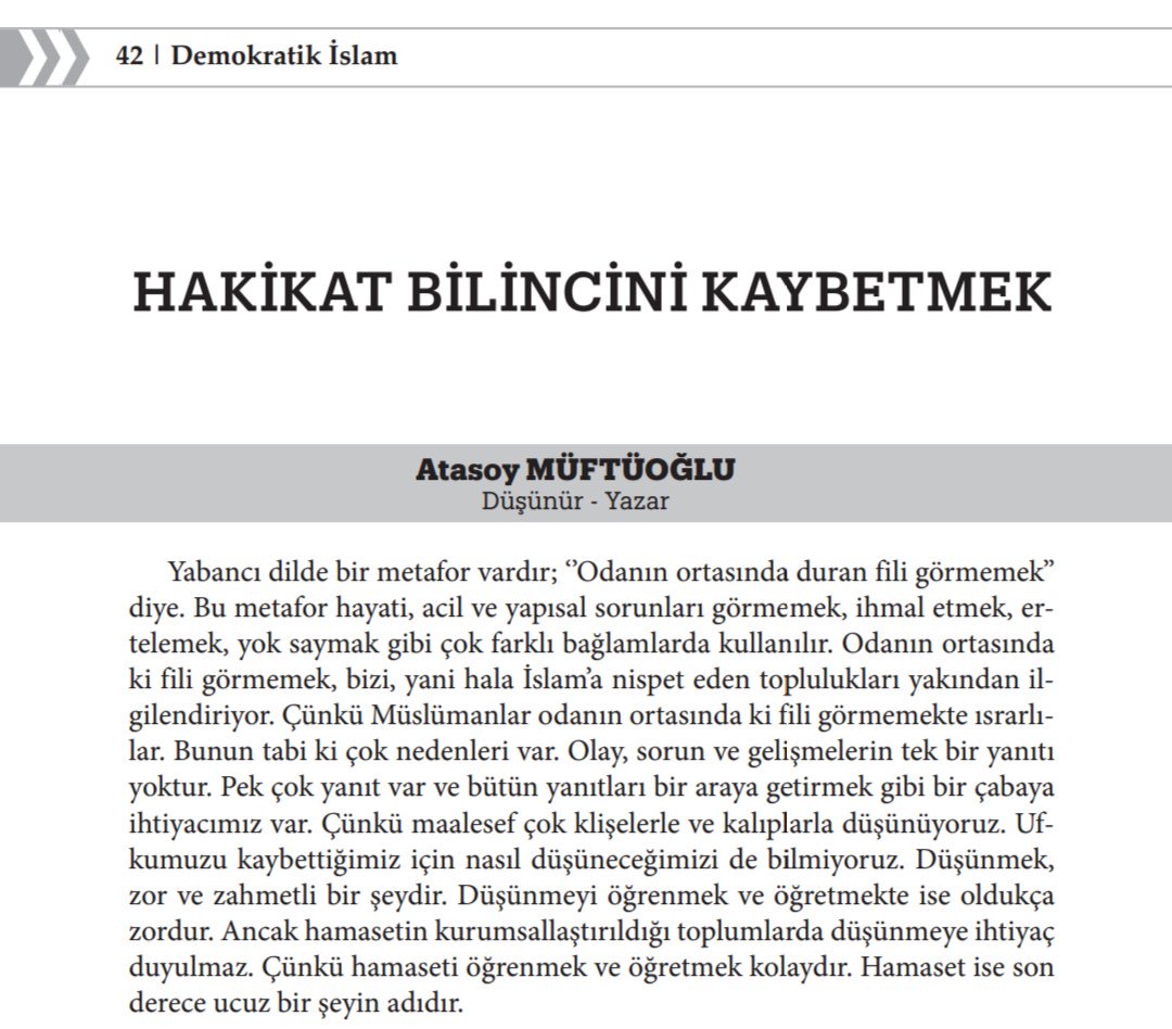 "Hakikat Bilincini Kaybetmek" 
Atasoy Müftüoğlu'nun kaleminden, 
Demokratik İslam Dergisi 
2. Sayısından
