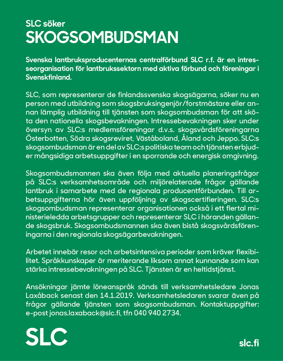 SLC söker skogsombudsman för att sköta den nationella skogsbevakningen #skog #metsä #rekry #rekrytering #ledigajobb Skogsombudsmannen är en del av SLC:s politiska team. Tjänsten erbjuder mångsidiga arbetsuppgifter i en sporrande och energisk omgivning 🌲🌲🌲🌲 #viskaparlandet