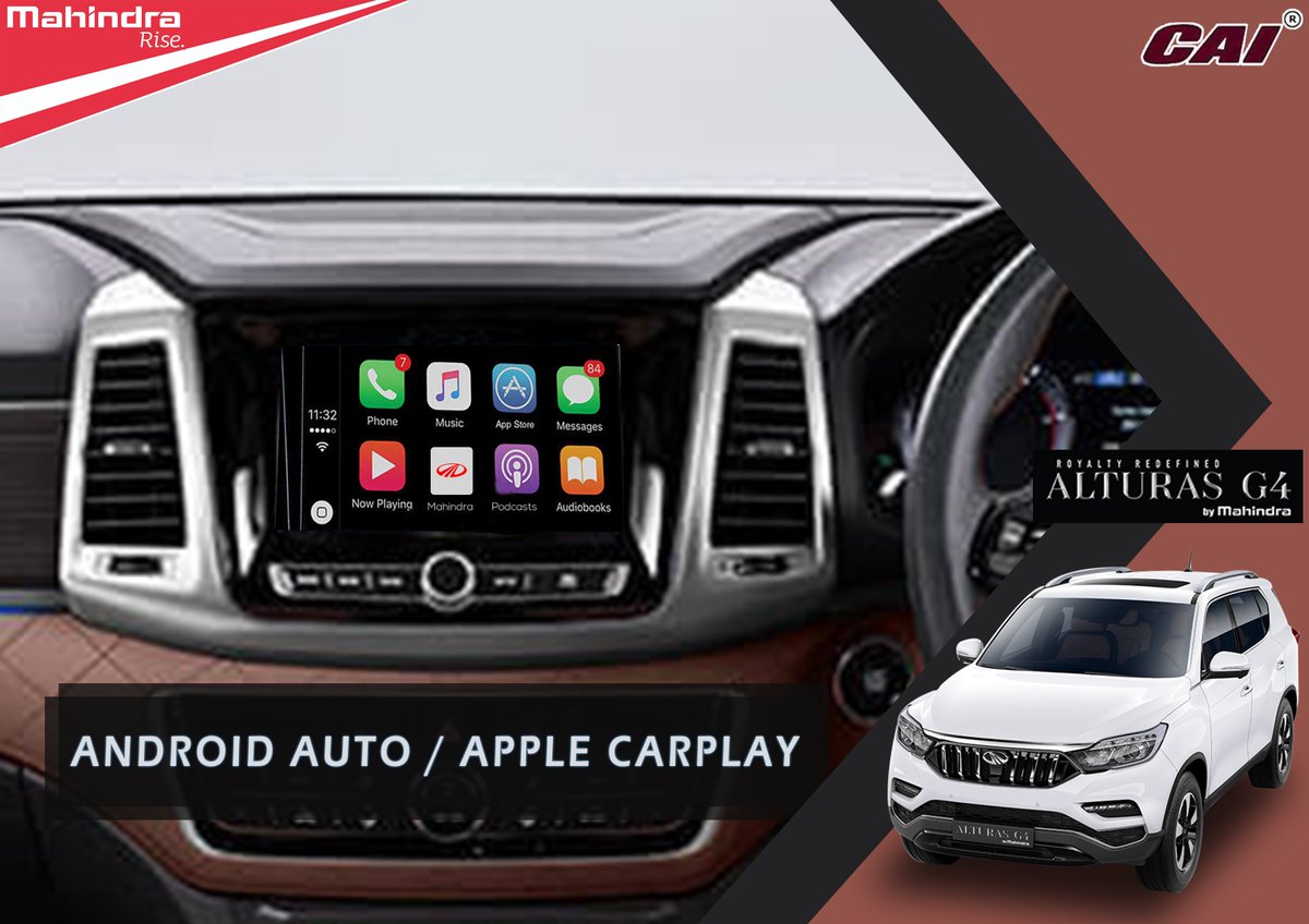 caimahindra's tweet image. #AlturasG4 Come with more Advanced #InfotainmentScreen Technology that Makes Your Ride More Hassle Free. You can Get Access &amp;amp; Control of your #Apple or #Android Phone.

Contact: 📲+91 97877 66611 (or)

Visit 👉 passengercars.caimahindra.com/new-cars/mahin…

Stay 🤳Connected @caimahindra