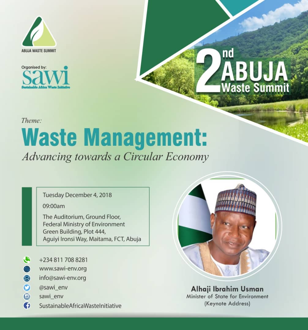 sawi_env's tweet photo. The Minister of State for Environment will be giving the Keynote Address at the Abuja Waste Summit in a few hours. 
#AbujaWasteSummit
#AWS2018 https://t.co/PeC2cyBgFS