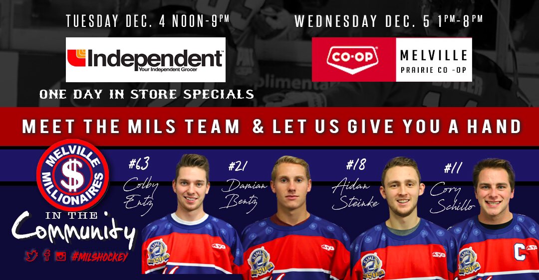 The Mils are in the community! Meet the team and let us give you a hand out. Dec. 4 at Vahagn’s Independent Grocer and Dec. 5 at Melville Prairie Coop Grocery. 

#milshockey #melvillesk #sjhl