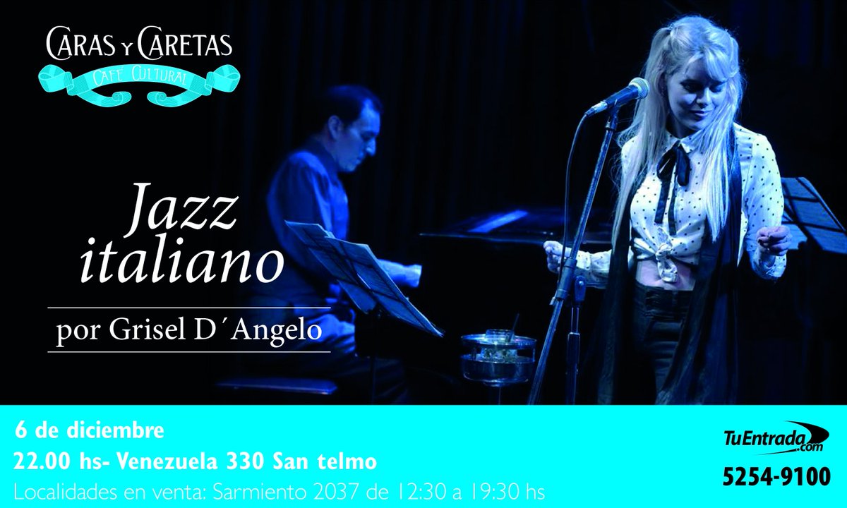 #JazzItaliano en el Café Cultural Caras y Caretas.  Un viaje por la música y el cine italiano con swing, en la voz de <a href="/griseldangelo/">Grisel D'Angelo</a>.
🎫 Tickets en  tuentrada.com/carasycaretas2…
📅 Jueves 6, 22 hs en Venezuela 330, San Telmo.