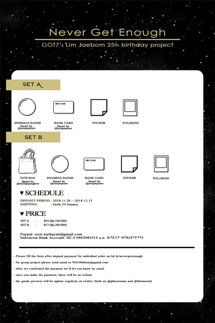 GOT7jaebeomMY's tweet photo. Malaysia Group Order

🌴 💚NEVER GET ENOUGH💚 GOT7’s JB 25th Birthday Project in collaboration with @JJTheNoonas by @BbomSoul

Deadline:
🌴 : Dec 22, 2018

Form: https://t.co/nwZ0JdD8Lq https://t.co/XOE5OxPQzE