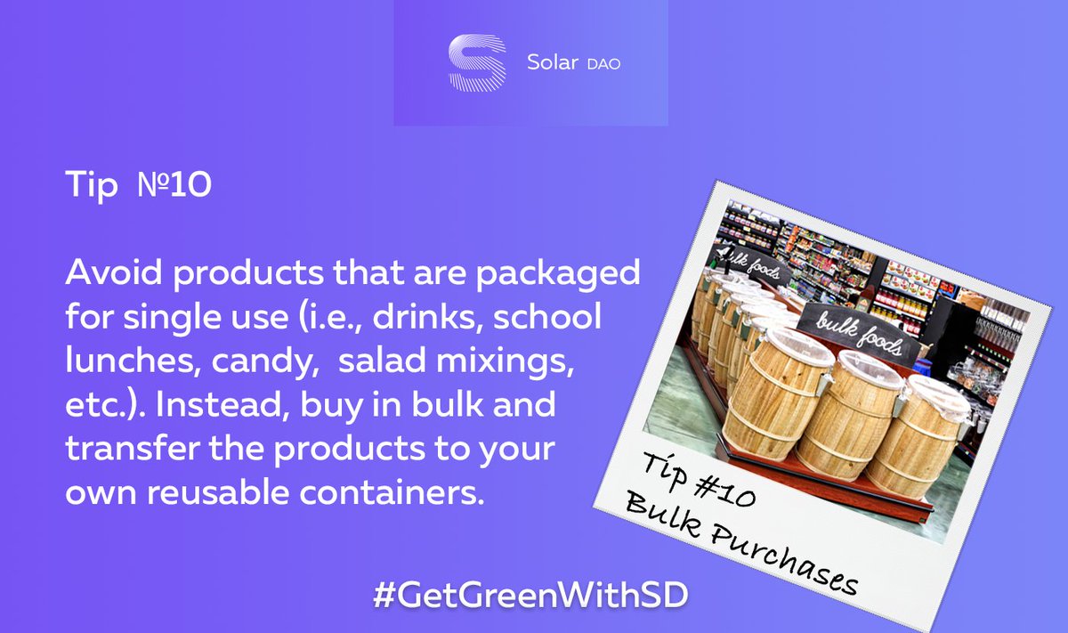 SolarDAO's tweet image. Many stores now have bulk bins where they sell everything from grains and cereal to cleaning product. Moreover, bulk products are  signifacantly cheaper! 

Don't miss the opportunity to #GetGreenWithSD step by step.