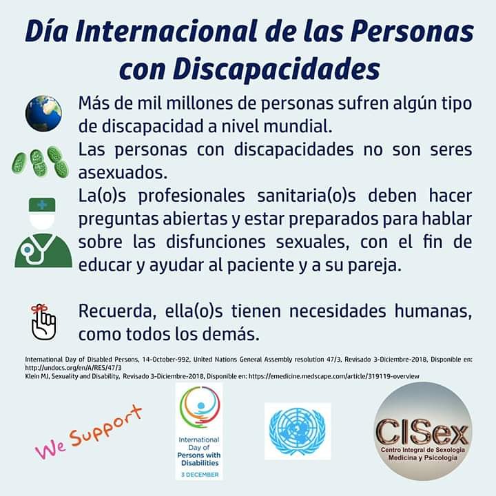 CISexbcn's tweet photo. Ayer 3 de Diciembre fue el Día Internacional de las Personas con Discapacidades, la sexualidad y la disfunción sexual en pacientes con discapacidades físicas o neurológicas son a menudo pasadas por alto por el personal sanitario #diversidadfuncional #sexualidad #sexologia #CISex https://t.co/jSZDtUIxq8