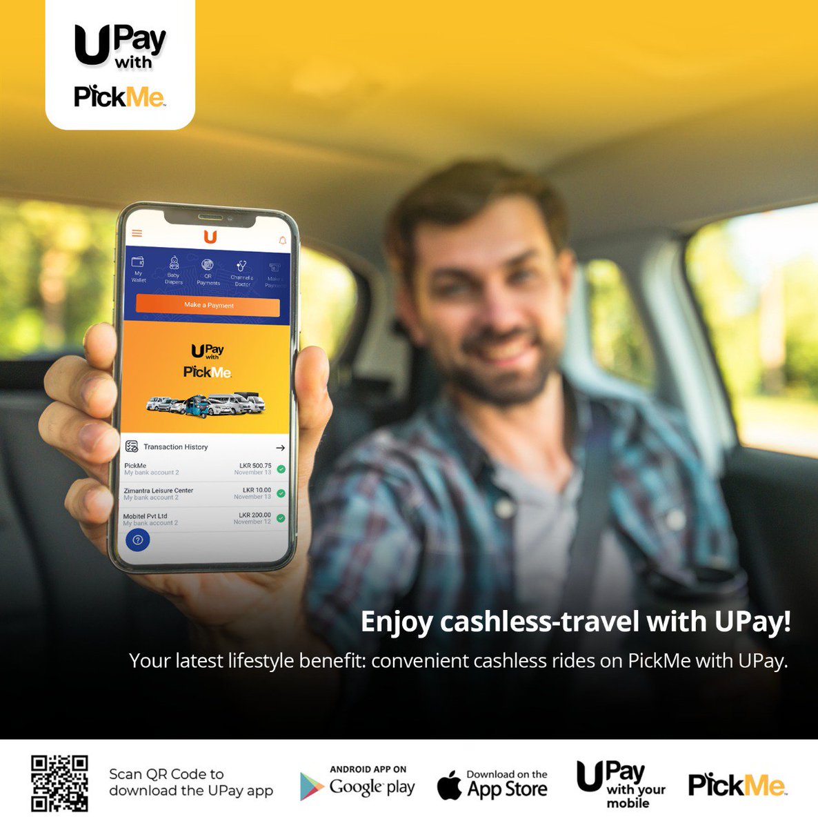 upaylk's tweet photo. Our coverage of your lifestyle needs now includes faster, safer &amp; smarter traveling too! UPay’s tie-up with @PickMeLK brings U high-quality rides with a super convenient cashless payments. Scan the QR code on the driver’s app at the end of your ride! #UPaywithPickMe #UPay #PickMe https://t.co/s8Khd2X8Zu