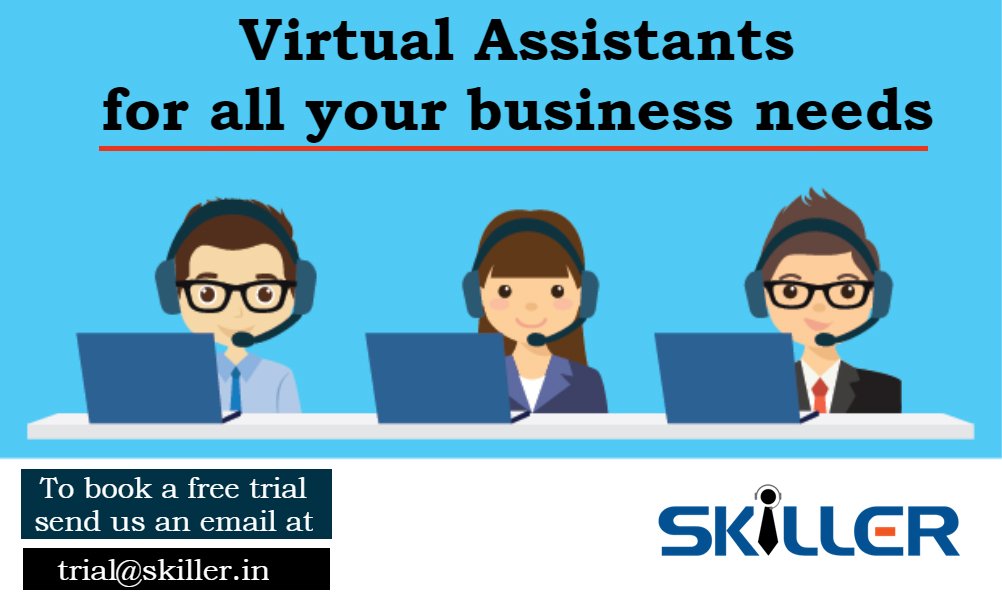 Virtual assistants for all your business needs. To book a free trial send us an email at: trial@skiller.in or visit: skiller.in

#VirtualAssistant #BooATrial #HireNow #Assistant #DataEntry #Remote #Job #Outsourcing #RecruitmentProcess #BusinessDevelopment