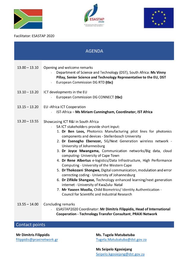 We are holding a Showcasing Event today at #ICT2018, highlighting EU-South Africa cooperation on ICT. 🇪🇺🇿🇦
Join us at 1pm in Room 0.96-0.97, Floor 0.
esastap.org.za/wp-content/upl…