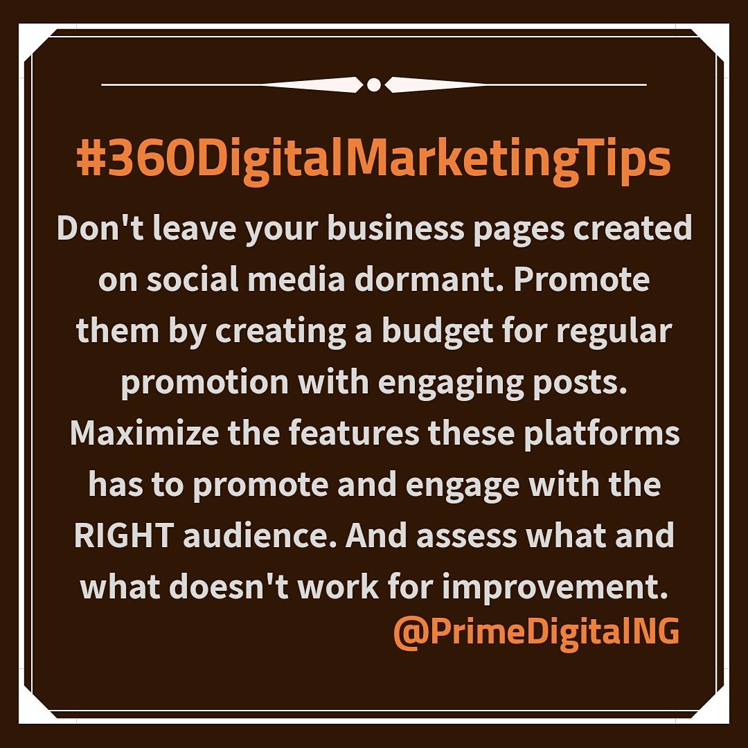 PrimeDigitalNG's tweet photo. #360DigitalMarketingTips

Don't leave your business pages created on social media dormant. Promote them! 

#PrimeDigitalNigeria @DifferentOnline

#PrimeDigitalNG #ThePrimeDigitalSchool #DMC2018 @AdmarpNG @DMM_Nigeria #The360DMExpert #360DMStrategy #360DMExpert  #onlinebusiness https://t.co/f0FUCoMDnR