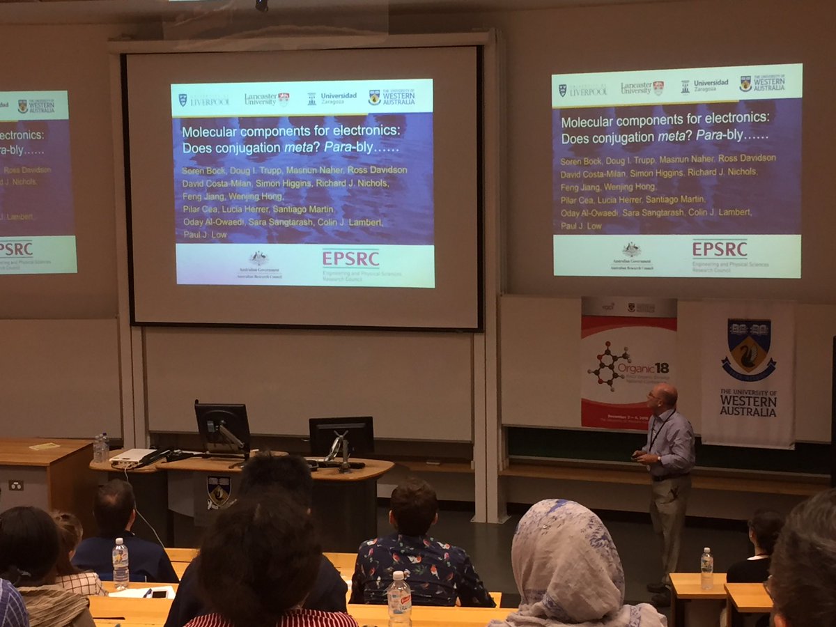 Now <a href="/pauljlow/">Paul Low</a> reaching new heights in molecular electronics but achieving a new low in puns for titles #Organic18