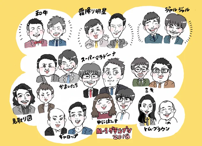 やっとM-1観れたので10組描いてみました！
みんな面白かった…満足…
あたおか（頭おかしいの意）積極的に使いたいワードです
#和牛
#霜降り明星 
#かまいたち
#ミキ
#ジャルジャル
#スーパーマラドーナ
#見取り図… 