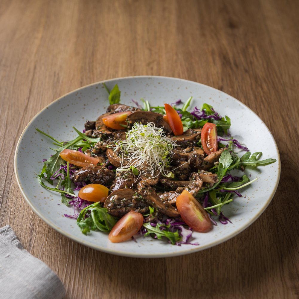 Portobello Mushroom Salad is completed with a bunch of fresh micro greens that adds an extra crunch in this tasty and healthy dish.
