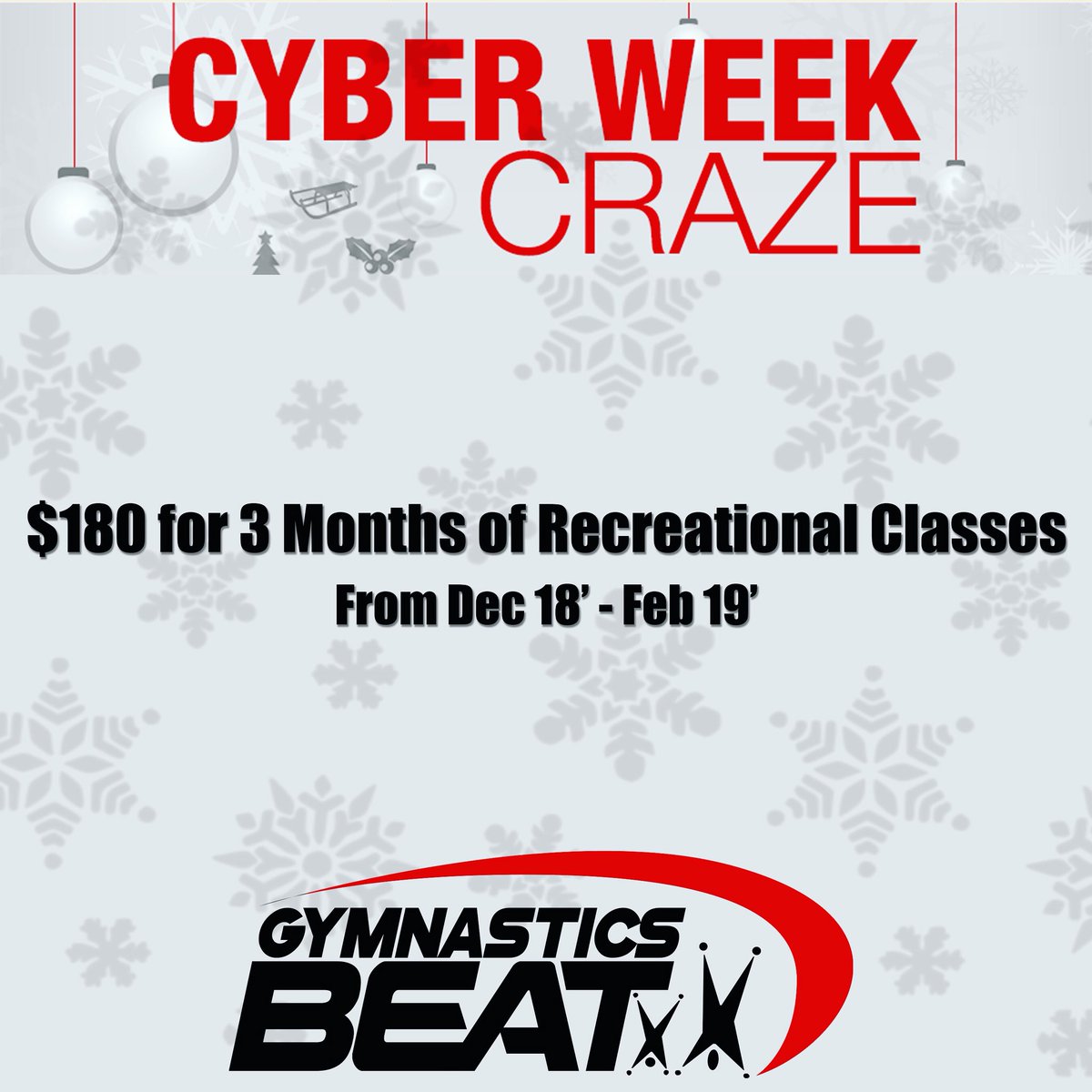 gymnasticsbeat's tweet photo. WE HAVE AN AWESOME CYBER WEEK DEAL FOR YOU! 
ONLY $180 for 3 Months of Recreational classes from December - February!Call us at 559-271-9400 or email us at info@gymnasticsbeat.com to get this fantastic deal while it last! This promotion will run from 12/3 - 12/7!  @gymnasticsbeat https://t.co/RGdb5xoBWG
