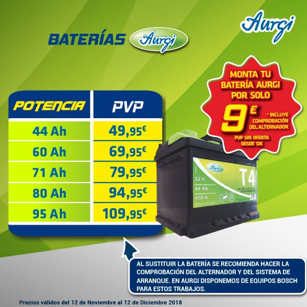 aurgi's tweet photo. #Ofertas: En @aurgi tenemos precios imbatibles por ejemplo: #Batería #Aurgi 44Ah por solo 49,95€, montaje y comprobación del alternador 9€ y baterías Start-Stop si nos deja su batería vieja DTO de 10€. https://t.co/c7Y4FaxvbX https://t.co/6AEIWi7Uvi