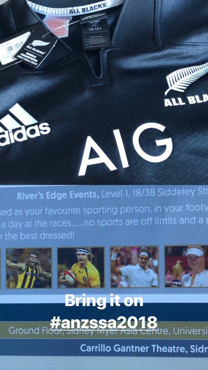 nesian23's tweet photo. @ANZSSA bring it on  🇦🇺 took me 2hrs to find this jersey, wow didn’t know we (kiwis) are very popular &amp; in high demand in Melbourne Central only x2 jerseys left😂 let’s go the ABs💯 🇳🇿  #ANZSSA2018 dinner https://t.co/8OEqyRjwRd