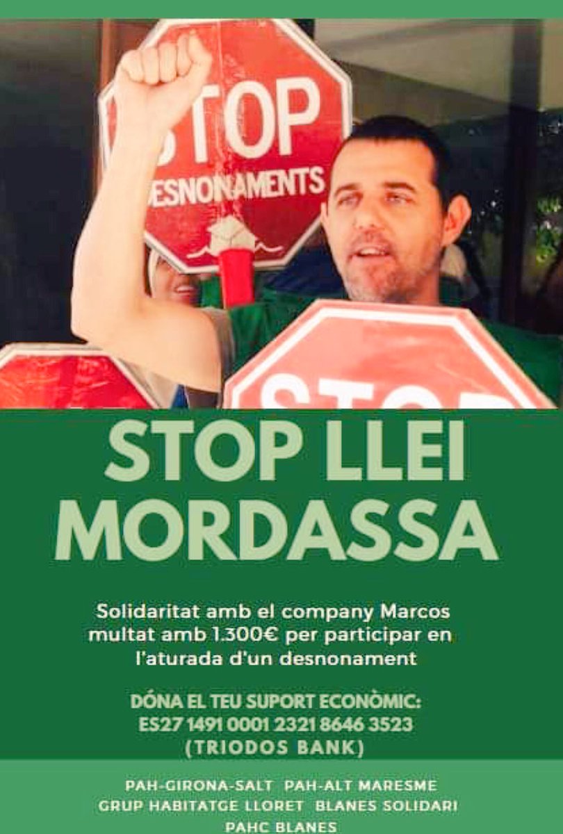 COS_LaSelva's tweet photo. Tota la solidaritat cap al company Marcos, militant de la COS i la PAHC. Multat per parar un desnonament sota la Llei Mordaça. https://t.co/1v96N4kmzf