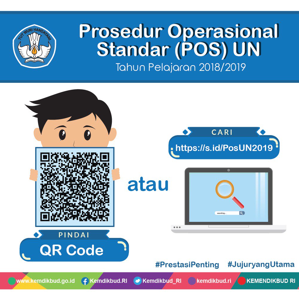 Kemdikdasmen's tweet photo. #SahabatDikbud, ini kisi-kisi dan POS untuk UN serta USBN tahun pelajaran 2018/2019. Silakan dipindai atau kunjungi tautan berikut ini. #PrestasiPentingJujurYangUtama #UN2019 #USBN2019 https://t.co/yJhbK0Ngbz