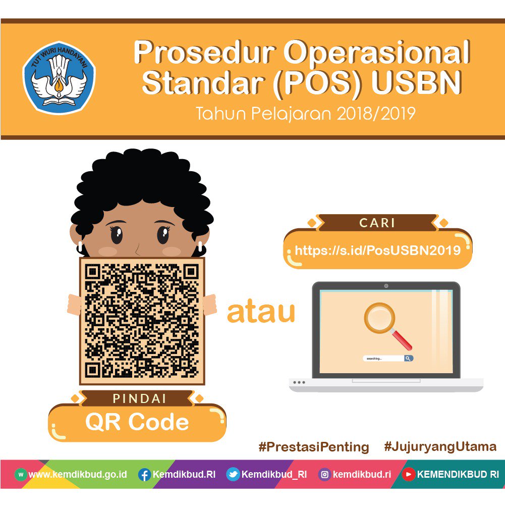 Kemdikdasmen's tweet photo. #SahabatDikbud, ini kisi-kisi dan POS untuk UN serta USBN tahun pelajaran 2018/2019. Silakan dipindai atau kunjungi tautan berikut ini. #PrestasiPentingJujurYangUtama #UN2019 #USBN2019 https://t.co/yJhbK0Ngbz