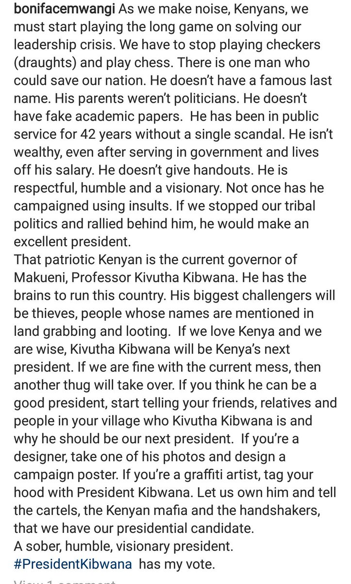 bonifacemwangi's tweet image. As we make noise,Kenyans,we must start playing the long game on solving our leadership crisis.We have to stop playing checkers and play chess.There is one man who could save our nation. He doesn’t have a famous last name.A sober, humble, visionary #PresidentKibwana  has my vote.