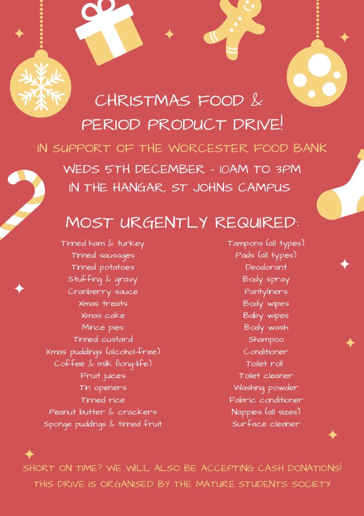 TOMORROW IS THE DAY! Please bring along your donations to the food and period product drive between 10am and 3pm in the Hangar! <a href="/Ross_Renton/">Ross Renton 🎓</a> <a href="/worcester_uni/">University of Worcester</a>