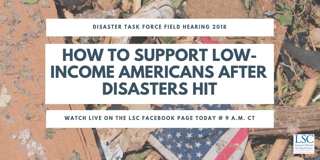 LSCtweets's tweet photo. Today is the first LSC Disaster Task Force Hearing where legal aid providers and pro bono attorneys from across the country will come together to address the legal issues and next steps needed to support low-income families. Watch live on Facebook at 9 a.m. CT / 10 a.m. ET 🌪️ https://t.co/6fThHJ638r