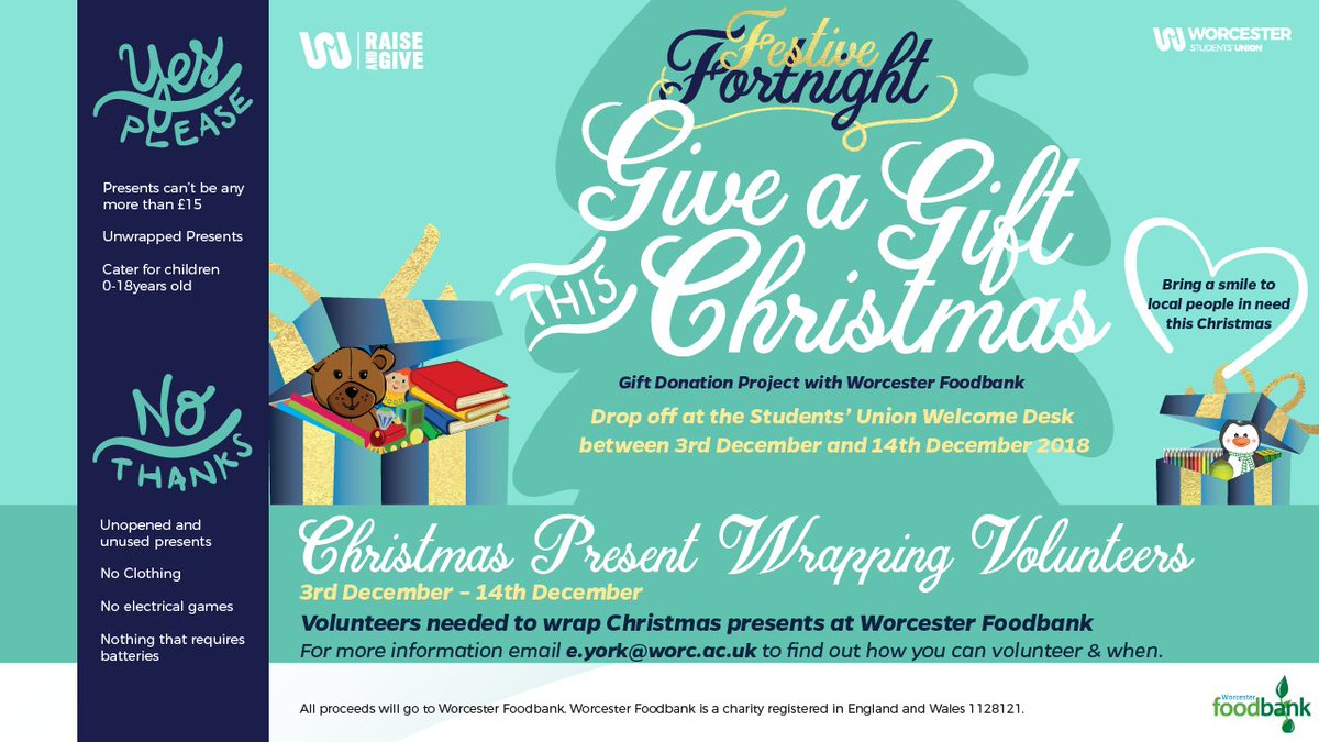 Give a gift this Christmas. We're helping <a href="/Worcs_Foodbank/">Worcester Foodbank</a> and their Gift Donation Project to help those in need. Donations can be delivered to Welcome Desk all the way up 'til 14th December.