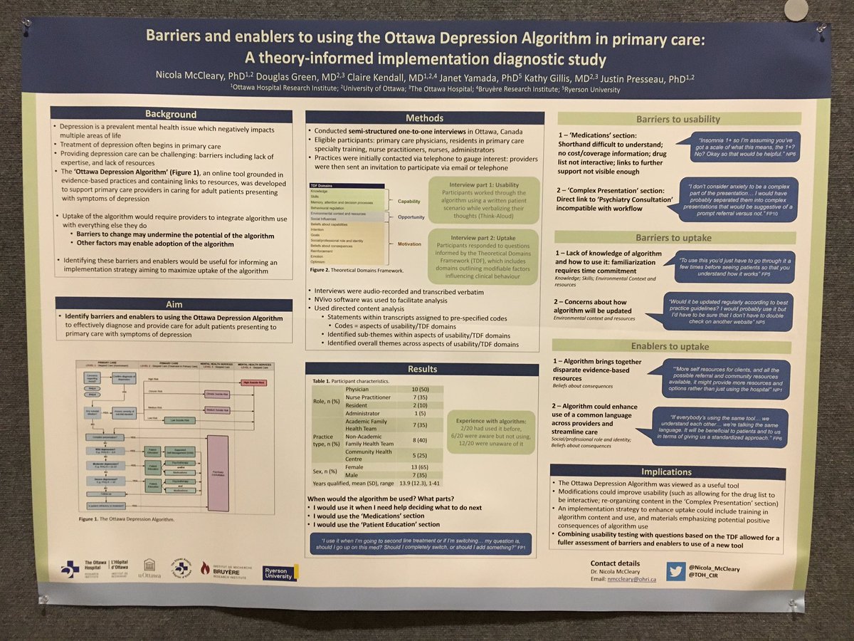 TOH_CIR's tweet photo. Our postdoc @Nicola_McCleary’s poster at  #DIscience18: using #ThinkAloud &amp; #PatientScenario with #TheoreticalDomainsFramework to assess usability of &amp; barriers to using the #OttawaDepressionAlgorithm https://t.co/cgttkazBGq https://t.co/MCfKVC4T2T