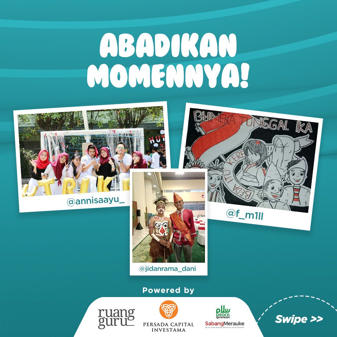 ruangguru's tweet photo. Squad, yuk ikut Instagram challenge #BedaItuKeren dengan total hadiah Rp6.500.000!

Abadikan momen keberagaman di sekitar kamu dalam format foto, video  ataupun poster. Upload karya kamu dan tulis caption kreatif yang bercerita mengenai  keberagaman. https://t.co/jXnY5Dsshp
