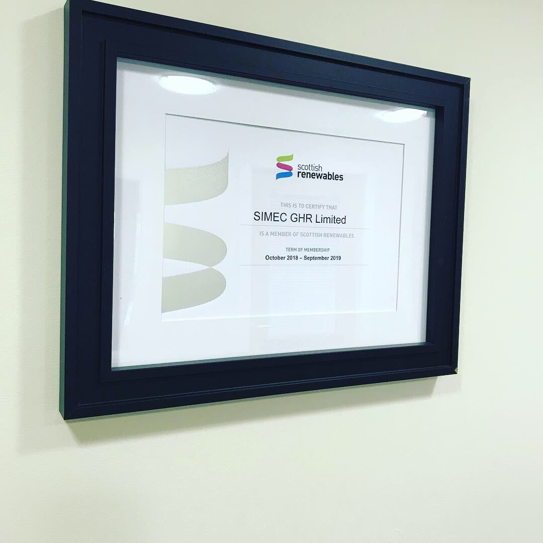 Proudly presenting our 2019 Membership Certificate for all to see in our waiting area. <a href="/ScotRenew/">Scottish Renewables</a> #SRmember 
#simec #ghr #simecghr #renewables #teamwork