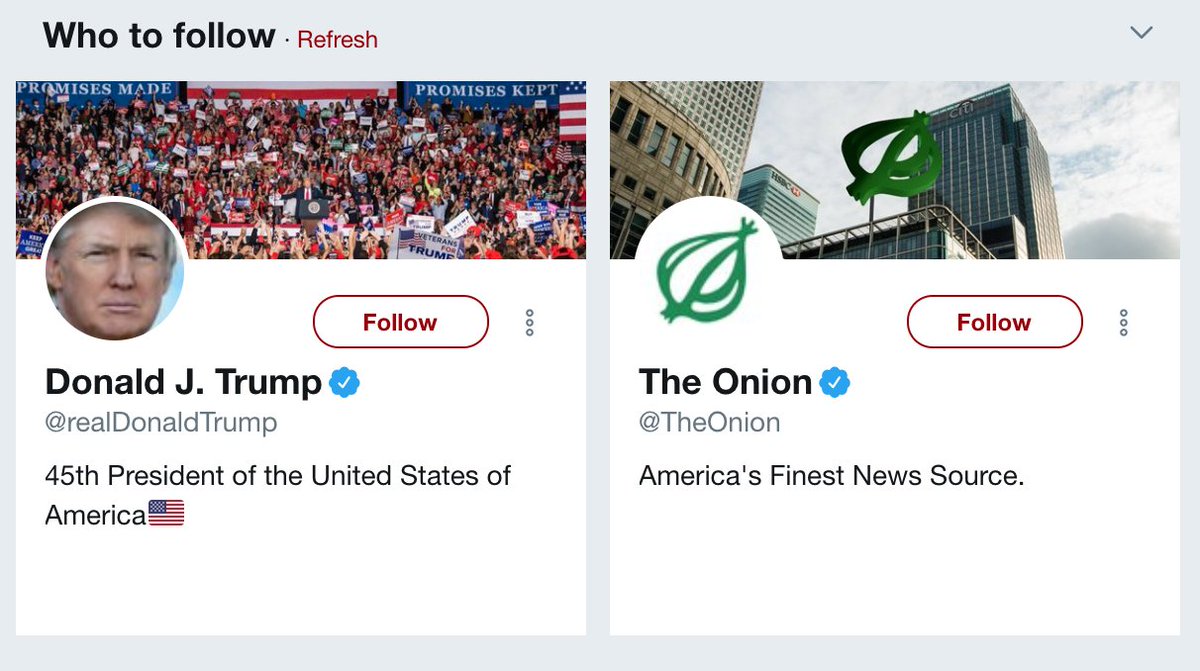 Twitter follow suggestions showing Donald J. Trump and The Onion