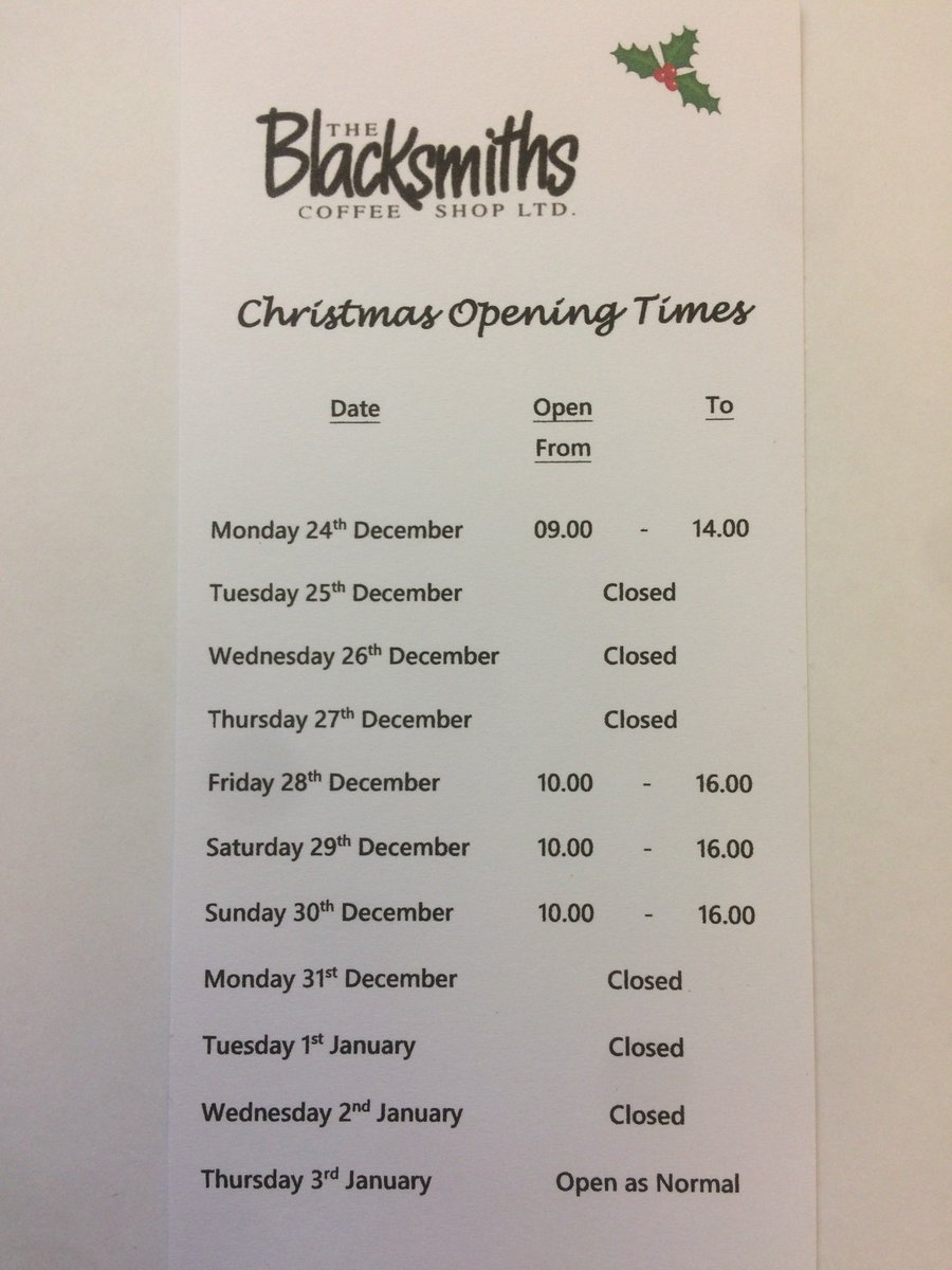 Opening times over the festive period for #Blagdon Coffee Shop.  <a href="/blacksmithsbels/">Blacksmiths Belsay</a> #Belsay is exactly the same apart from we open at 
10.00am on Christmas Eve. <a href="/MilkhopeNE/">Milkhope</a>  🎅🦌☕️🍰😋🎁🎉🛍️🎄