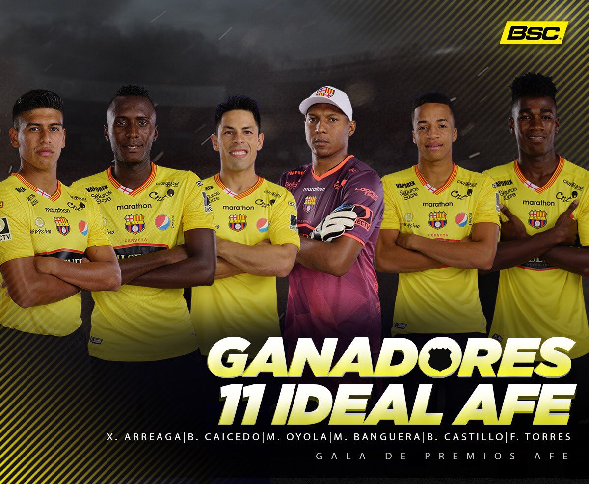BarcelonaSC's tweet photo. Felicitamos a nuestros jugadores elegidos en el 11 ideal 2018 en la gala #AFE2018. https://t.co/wGGDopRTE2