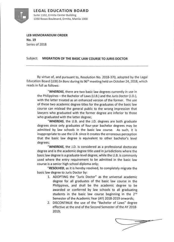 YourLawyerSays's tweet image. LEBMO No. 19-2018!

➡️No more Ll.B. effective this semester.
➡️All Ll.B. graduates can have their diplomas reissued with JD reflected.
➡️There will be two kinds of JD: Thesis and Non-Thesis.