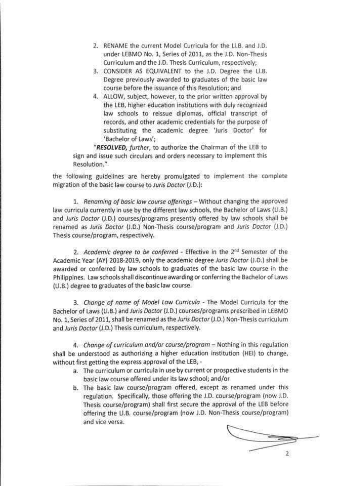 YourLawyerSays's tweet image. LEBMO No. 19-2018!

➡️No more Ll.B. effective this semester.
➡️All Ll.B. graduates can have their diplomas reissued with JD reflected.
➡️There will be two kinds of JD: Thesis and Non-Thesis.