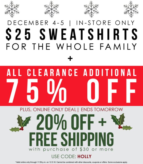 AlumniHallUofL's tweet photo. Whether you're shopping in store or online, we've got the deal for you! $25 sweatshirts for the entire family + an additional 75% off ALL clearance items in store! Or use code HOLLY for 20% off and FREE shipping on any order over $30! 

https://t.co/fpT1FpCuhY https://t.co/rki4n9ZONg