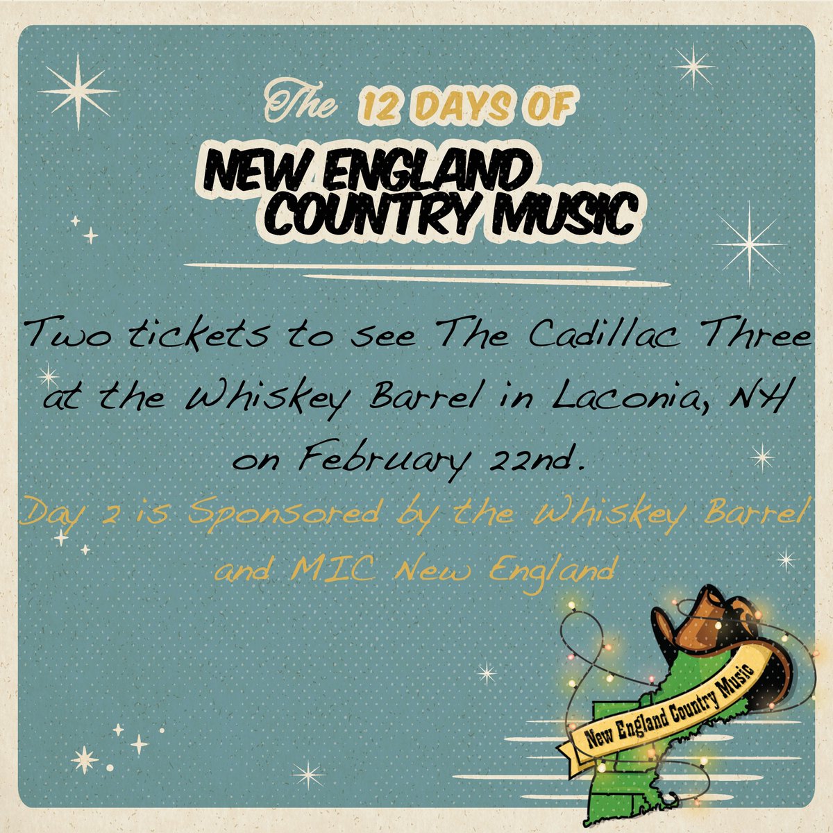 NECntryMusic's tweet photo. Day 2 of #12DaysOfNECM: Enter to win 2 tickets to see @thecadillac3 at the Whiskey Barrel in Laconia, NH on February 22nd! To enter: RETWEET AND REPLY with who you'd bring with you to the show! MUST FOLLOW #NECM AND USE #12DaysOfNECM in reply! https://t.co/AJkWsZ4CAy