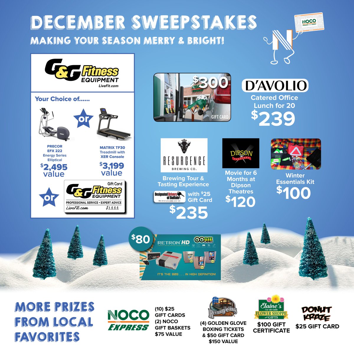 nocotweets's tweet photo. Every purchase at NOCO Express earns Friends and Family members entries into the monthly sweepstakes to win prizes from local businesses. Check out December's prizes from @GandGFitnessEq @DAvolios @ResurgenceBrew @DipsonTheatres @OogieGames @DonutKraze and more! #NOCOExpress https://t.co/tvgdX4itDY