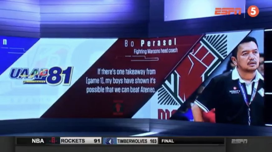OneSportsPHL's tweet photo. The UP Fighting Maroons are poised to extend the #UAAPSeason81 Finals to a winner-take-all Game 3.

https://t.co/3jYsmkPis8 | #SportsCenterPH https://t.co/C1YJkgY6XZ