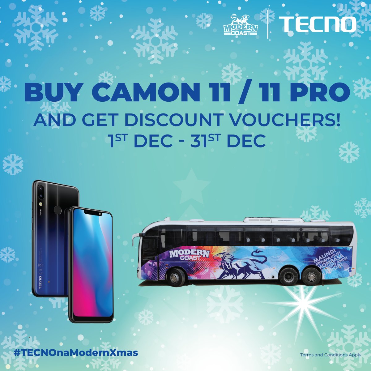 Data_Liner's tweet photo. #TECNOFamily the perfect festive gift is here :)
Simply :
1. Buy a TECNO CAMON 11/11 Pro &amp; get ksh.200 voucher to travel with modern coast
2. Travel with Modern Coast and get a ksh.500 voucher to buy a Tecno phone
It is a #TECNOnaModernXmas
>https://t.co/J0aJVoNTVu #travelinstyle https://t.co/hOJ1HdZE7i