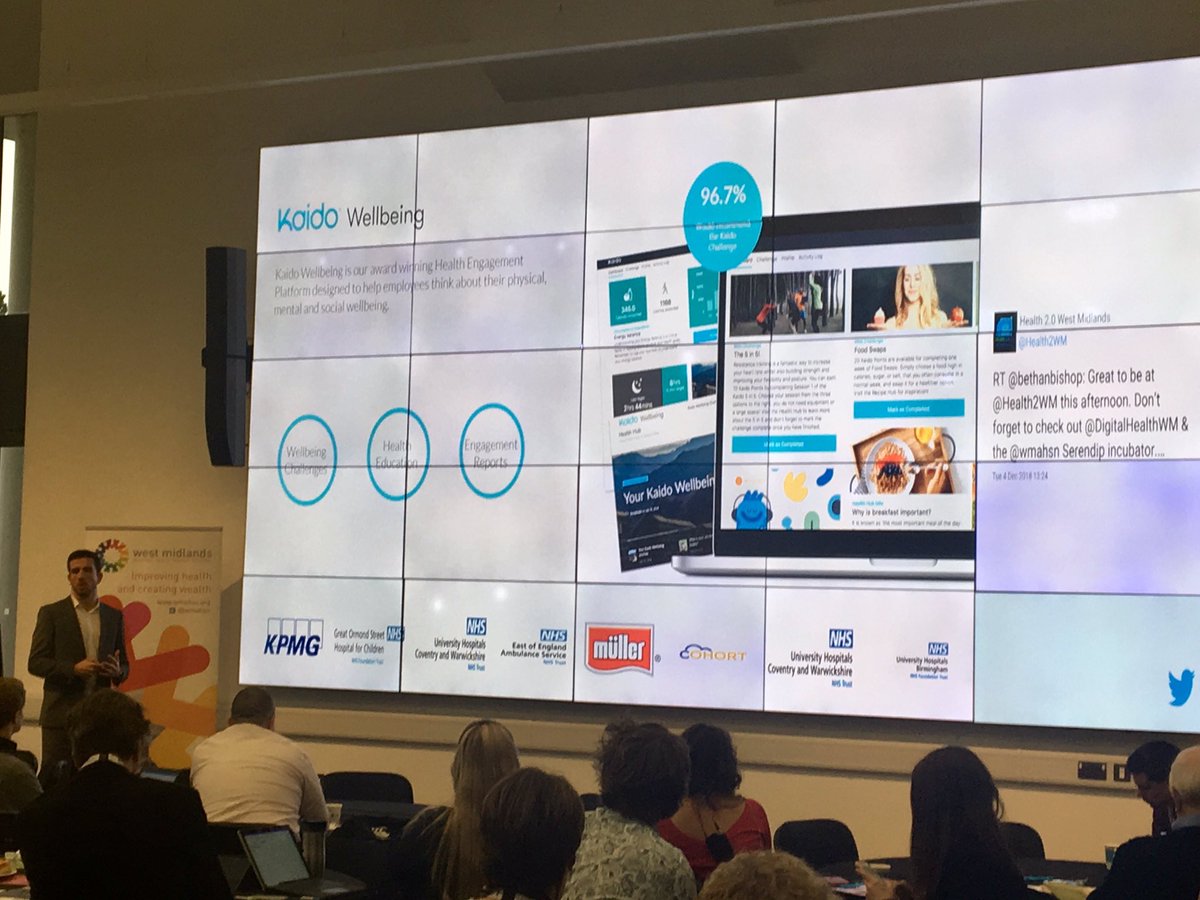 InnovateSheila's tweet photo. Rich Westman @kaidowellbeing talking about their workforce wellness platform at #Health2WM with is now being used by some NHS Trusts to improve the health and wellbeing of their staff. https://t.co/BpcLt34hhs
