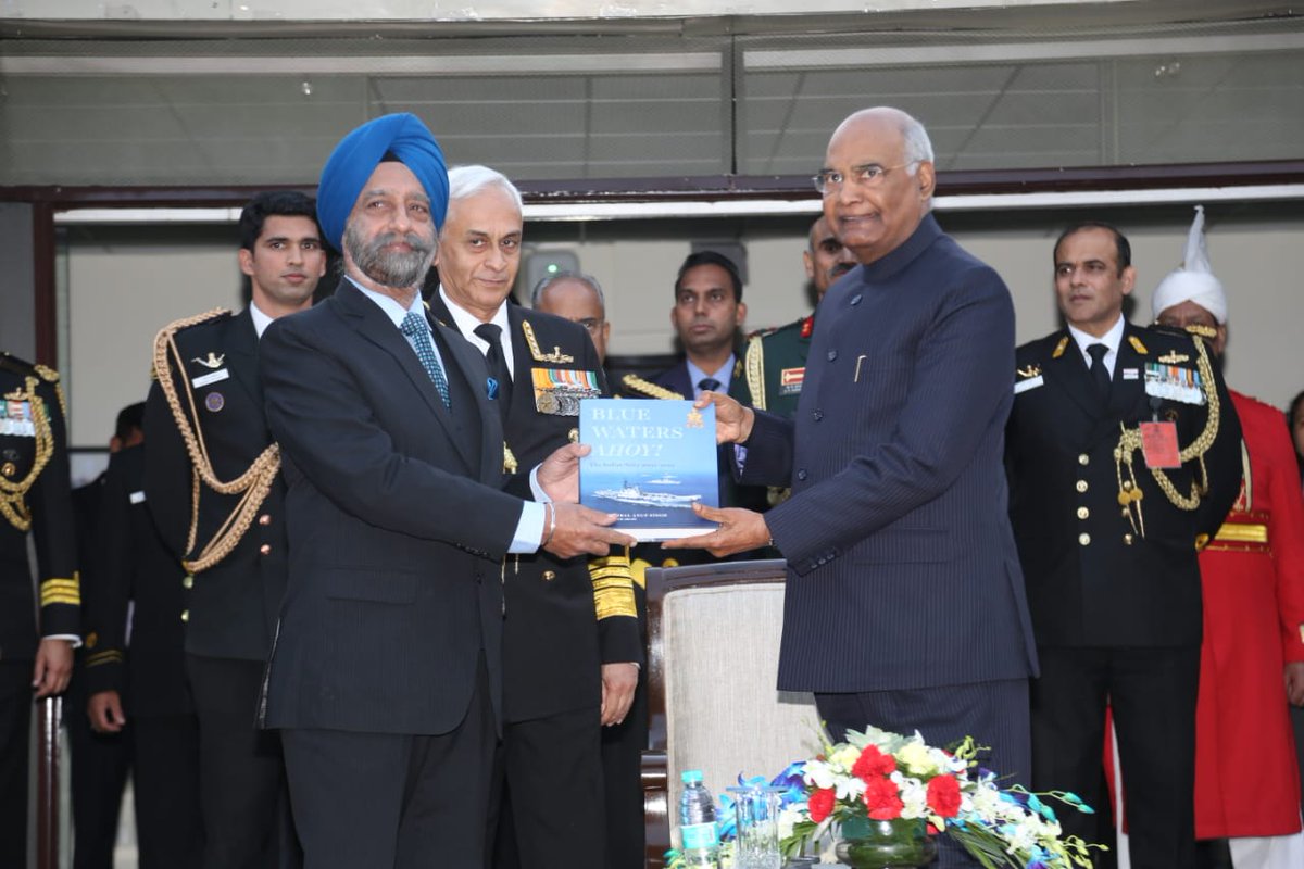 indiannavy's tweet photo. #NavyDay2018 Adm Sunil Lanba CNS releases 'Blue Waters Ahoy' - a book chronicling the history of #IndianNavy fm 2001-10. The unveiling was part of NavyDay reception at NavyHouse in the august presence of HE Sh Ramnath Kovind @rashtrapatibhvn and the Supreme Cdr of Armed forces https://t.co/mV7wtsTy1V