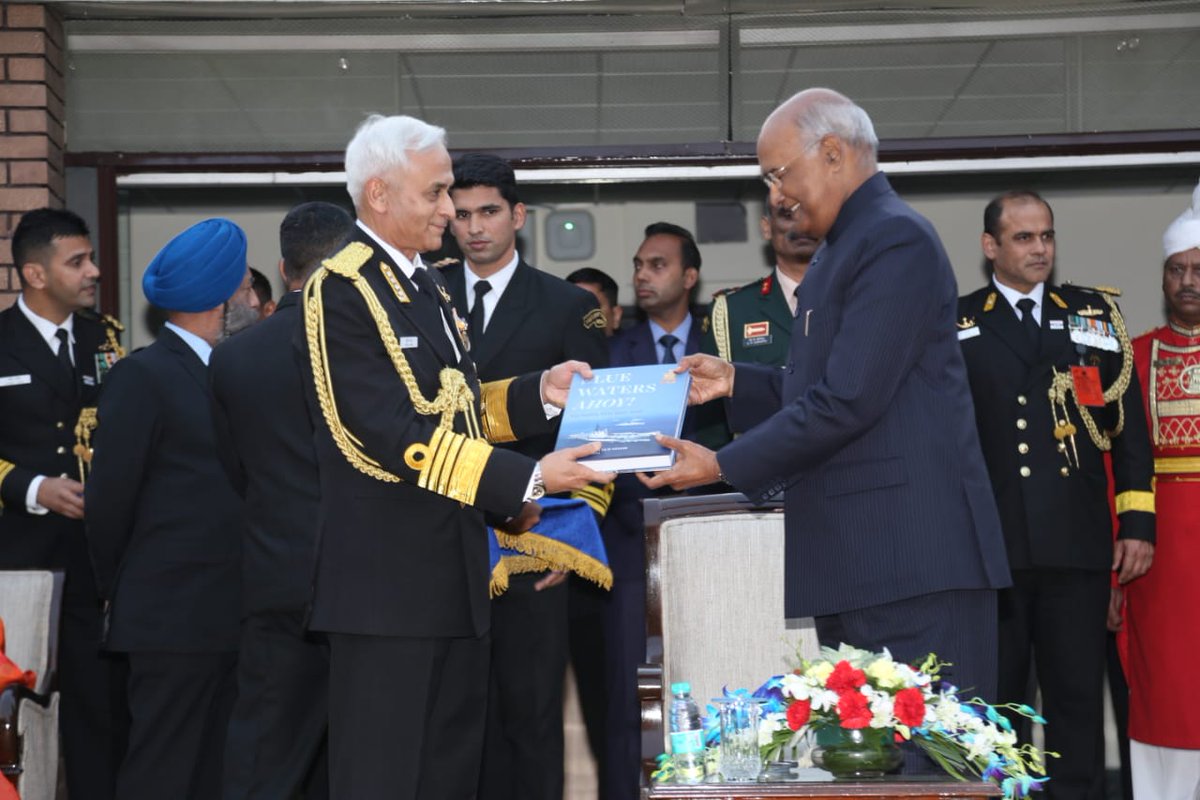 indiannavy's tweet photo. #NavyDay2018 Adm Sunil Lanba CNS releases 'Blue Waters Ahoy' - a book chronicling the history of #IndianNavy fm 2001-10. The unveiling was part of NavyDay reception at NavyHouse in the august presence of HE Sh Ramnath Kovind @rashtrapatibhvn and the Supreme Cdr of Armed forces https://t.co/mV7wtsTy1V