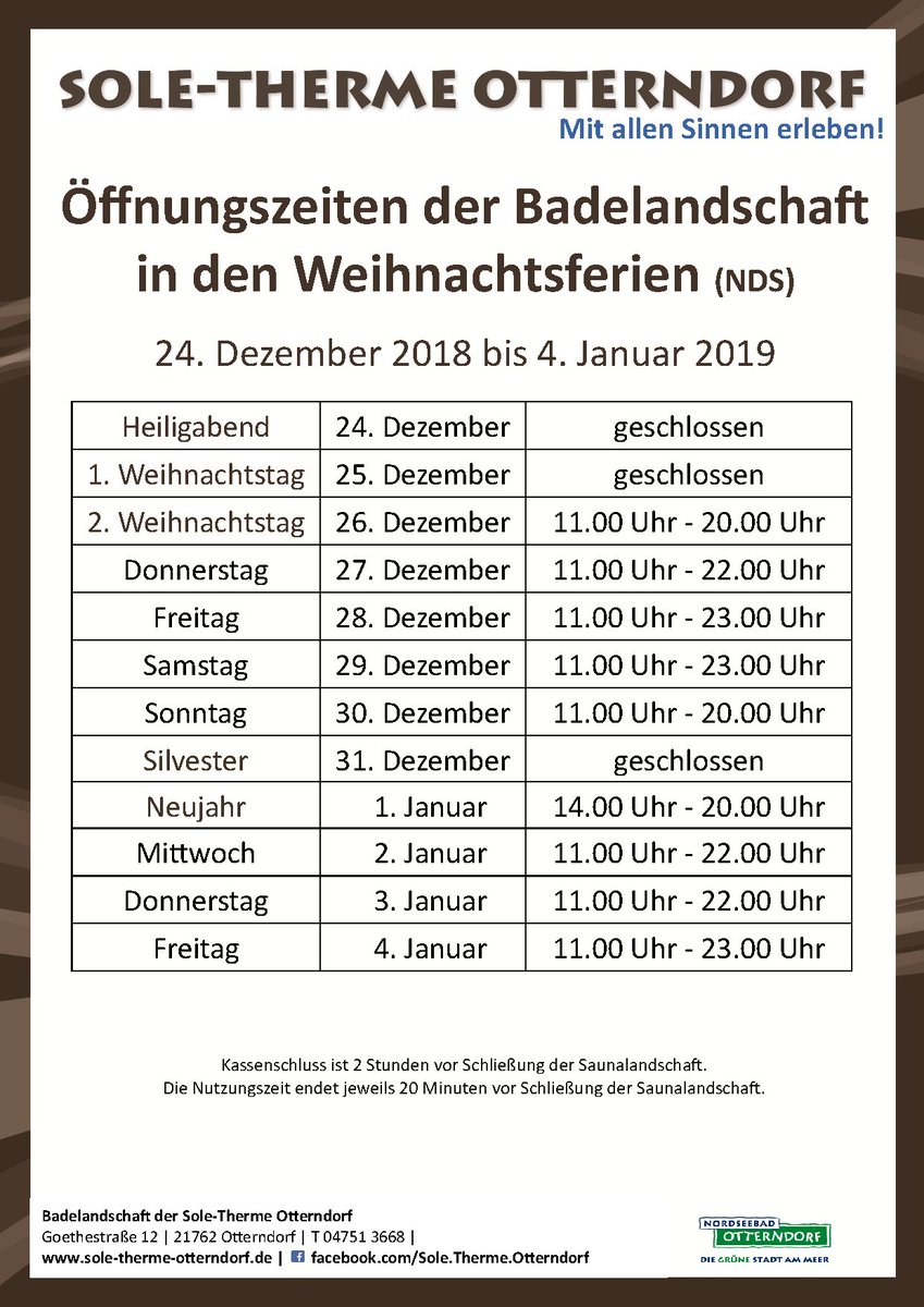 LandHadeln's tweet photo. Moin. Die Öffnungszeiten der Badelandschaft in der Sole-Therme Otterndorf in den nds. Weihnachtsferien vom 24.12.-04.01.2019
https://t.co/9G2ynwJ9my https://t.co/aNryfmRC9H