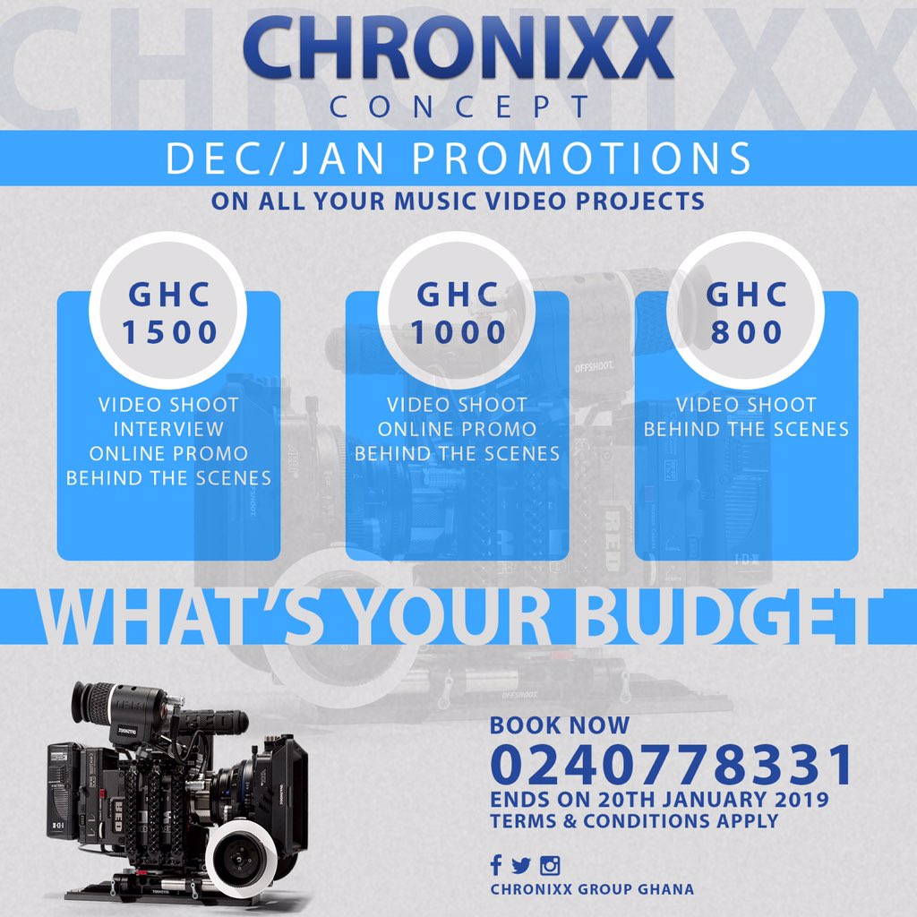 chronixxdigital's tweet photo. *DEC/JAN PROMOTIONS*

Are you an up and coming  musician who wants to shoot a video for your new song? Contact Chronixx Concept now for quality and yet affordable music video that will suit your budget. What’s your budget? Book now 0240778331 or chronixxgroupgh@gmail.com https://t.co/TDEK5oaIvD