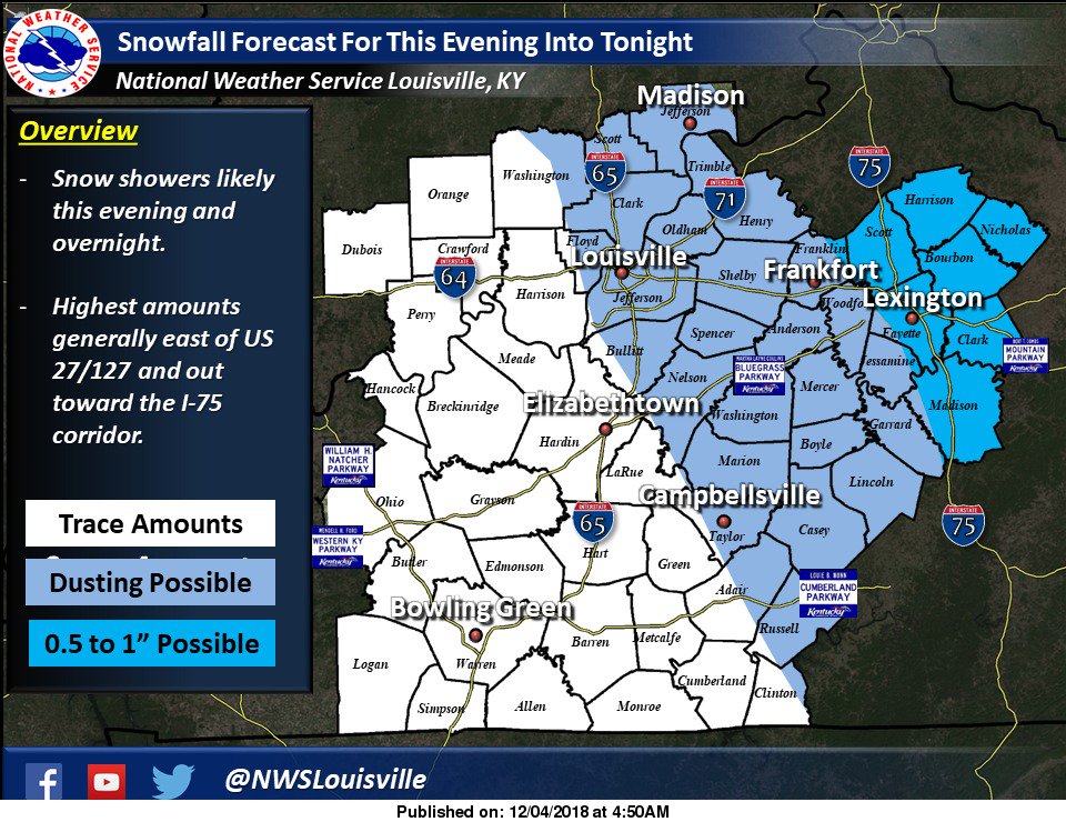 NWSLouisville's tweet photo. Light accumulations likely tonight with snow showers continuing into early Wednesday morning. Slick travel possible Wed AM. #kywx #inwx https://t.co/sRwVr1MlwN