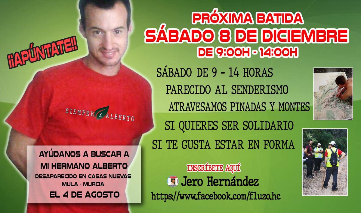 RadioVias's tweet photo. Próxima batida para buscar a Alberto Hernández
🗓 Sábado, #8deDiciembre
🕘 De 9:00 a 14:00
📍 #Mula (#Murcia)

INSCRÍBETE EN https://t.co/EV4MzHccb6

#SOSDesaparecidos 🆘 https://t.co/UtCpULFCsp
