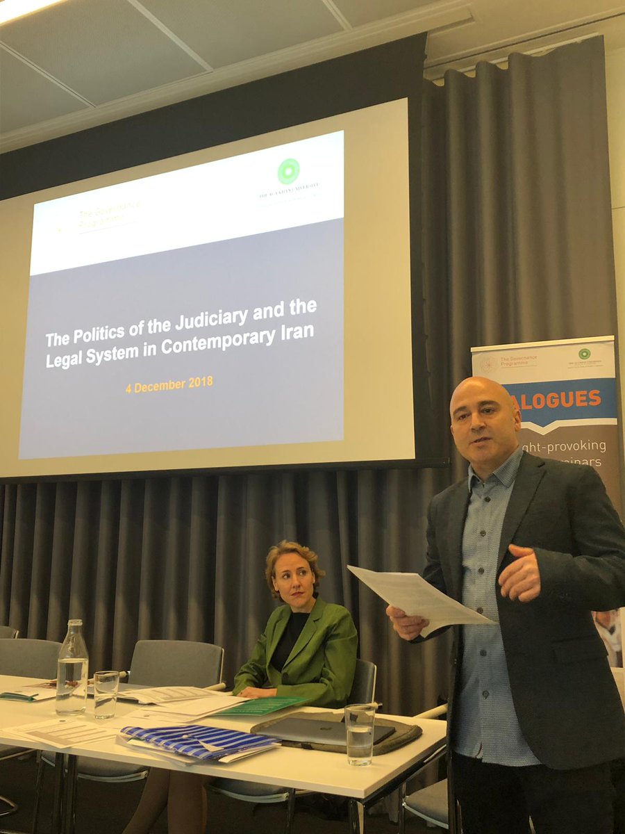 AKUISMC's tweet photo. Mirjam Kuenkler and Hadi Enayat, convenors of the conference on "The #Politics of the Judiciary and the #Legal System in Contemporary #Iran", opening the meeting and speaking about rule of #law vs rule by law.
#ISMC #GovernanceProgramme https://t.co/amM7jamBFr